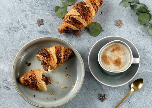 21821500 Schulstad Chocolate Hazelnut Filled Croissants Plated with Cappuccino