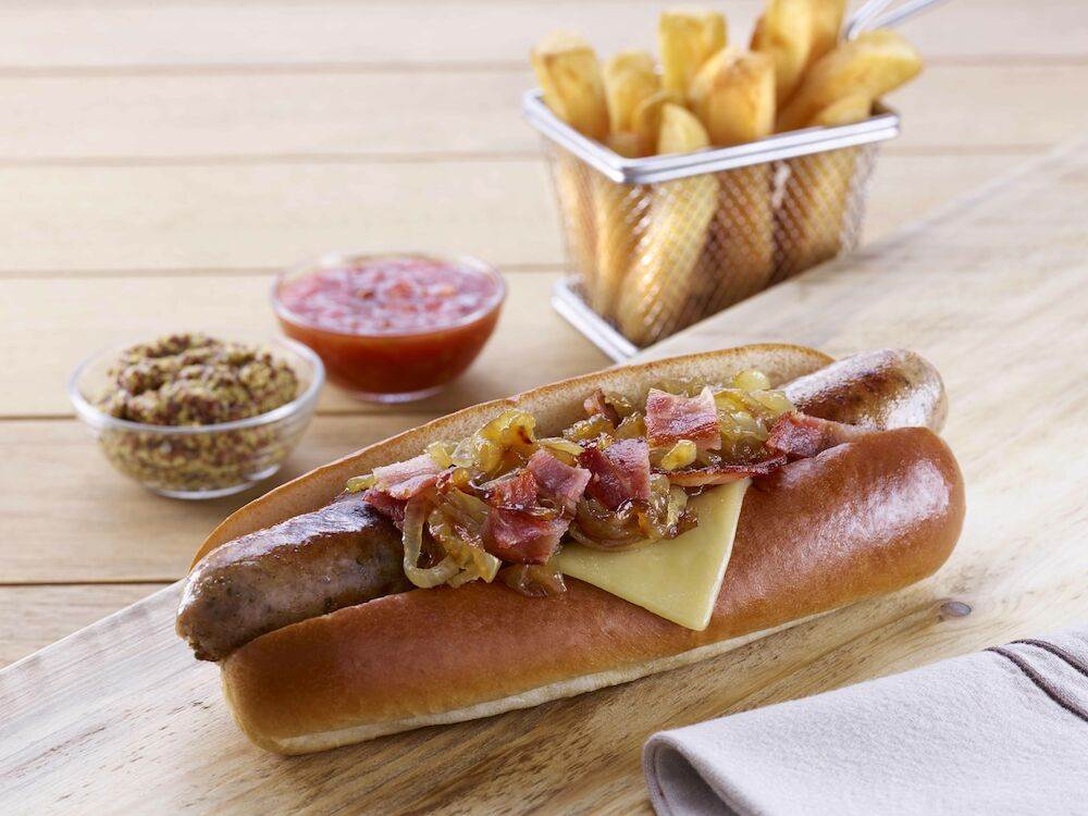 8.5 inch Top Sliced Brioche Hot Dog Roll with Cheese, Bacon & Onion - Landscape
