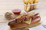8.5 inch Top Sliced Brioche Hot Dog Roll with Cheese, Bacon & Onion - Landscape