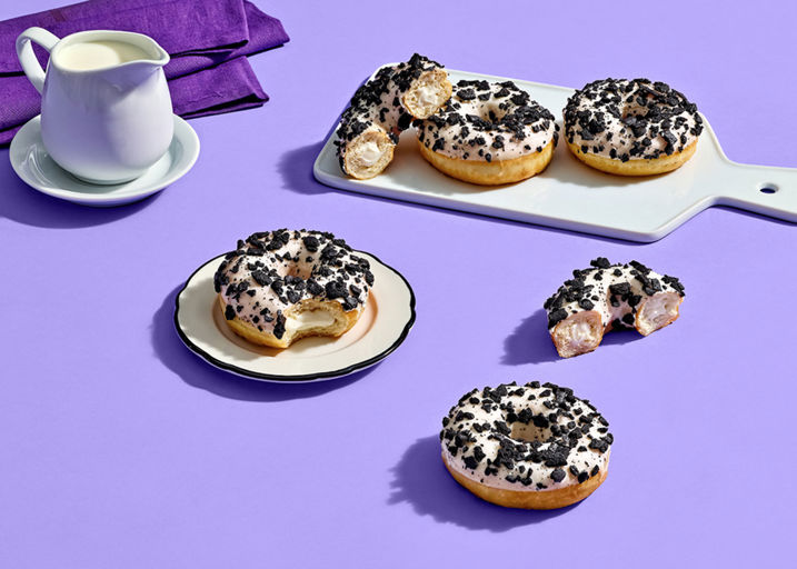 Ready-to-eat Cookies & Creme Filled Ring Donuts with a luscious crème filling, and topped with a smooth frosting and a sprinkle of crispy cocoa cookie crumbles