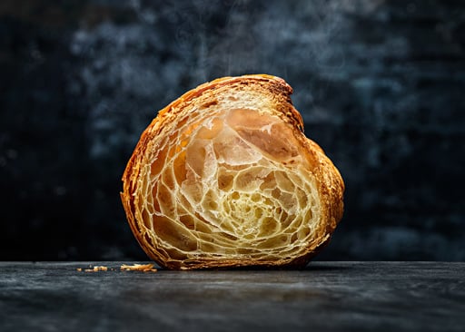 18901501 Schulstad Mini All Butter Croissant cut in half to show interior crumb