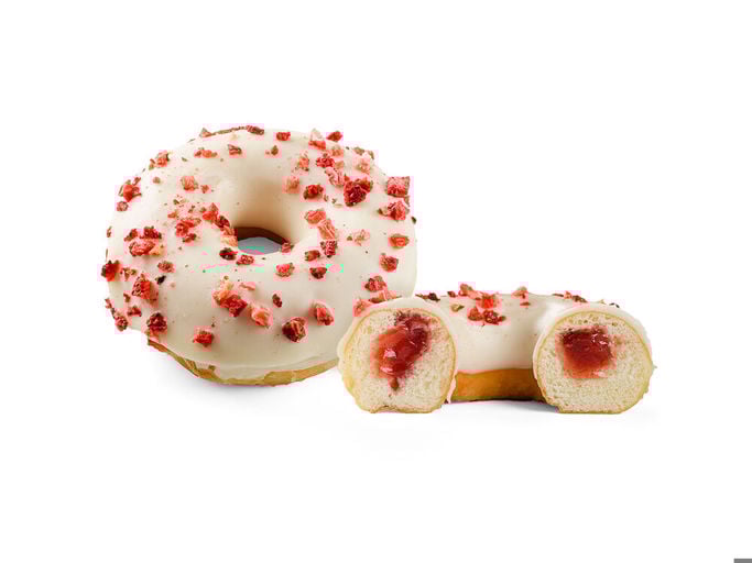 Schulstad RTE Berries & Creme Filled Ring Donut with raspberry and crème filling. Finished with white frosting & a sprinkle of dried strawberry
