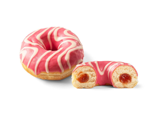 Schulstad RTE Pink Bliss Strawberry Filled Ring Donut with sweet strawberry flavored filling, topped with pink frosting and a white drizzle