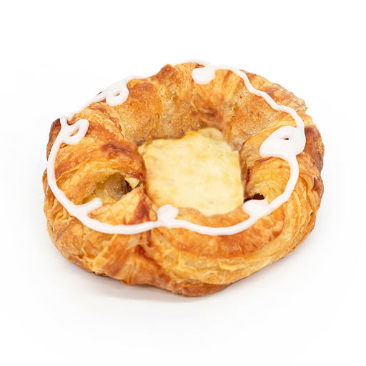 Schulstad Large Cream Cheese Crown Danish Pastry with a luscious, sweet cream cheese filling centered within layers of delicate pastry dough and white icing finish
